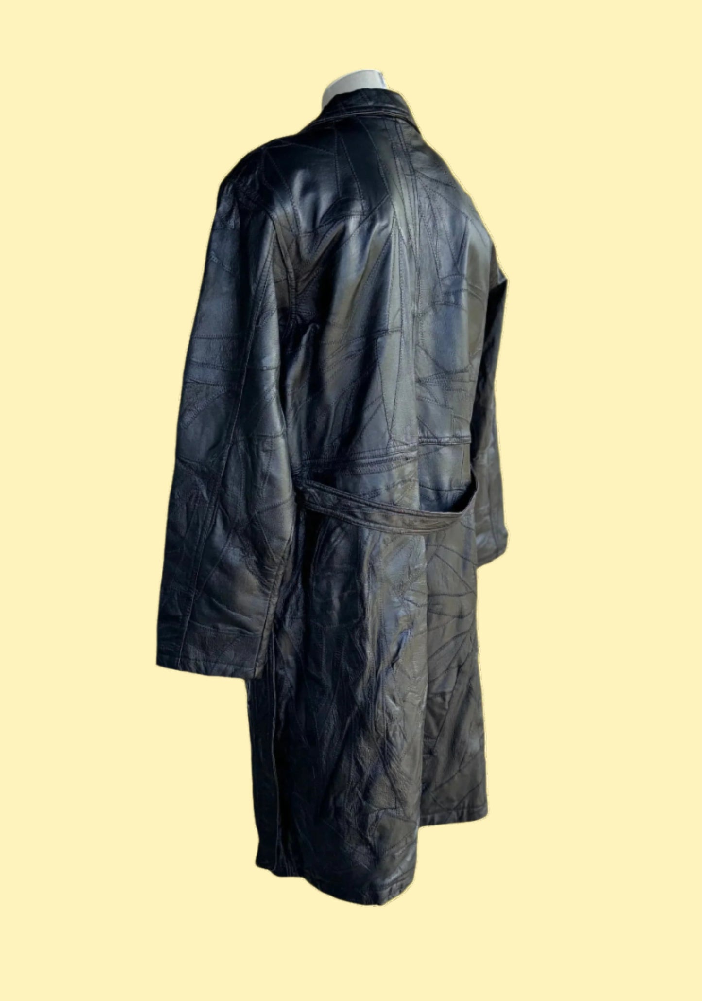 1990s vintage black double breasted patched leather coat