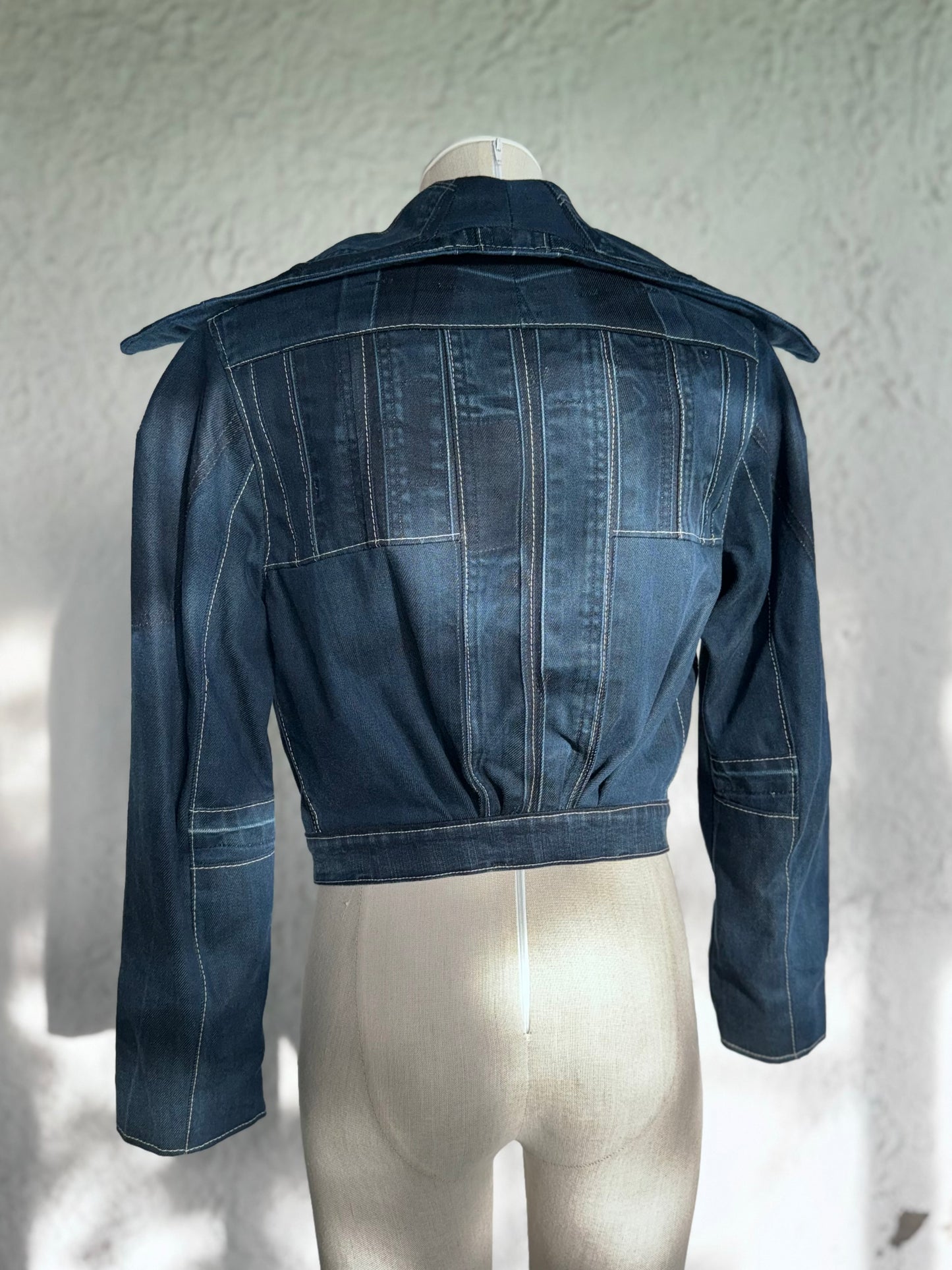 dark blue reversible cropped denim jacket by KIOKU Studio back view