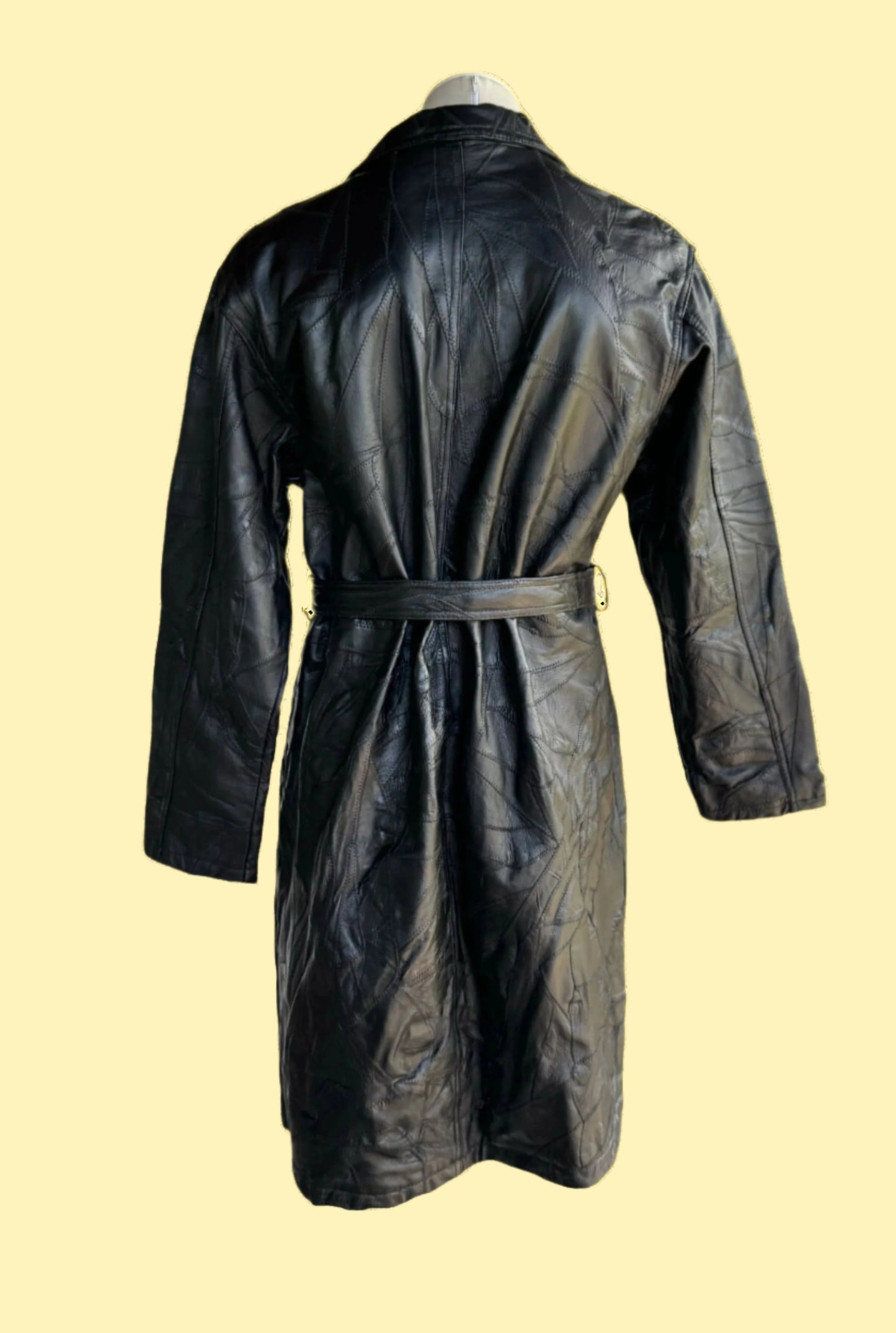 1990s vintage black double breasted patched leather coat