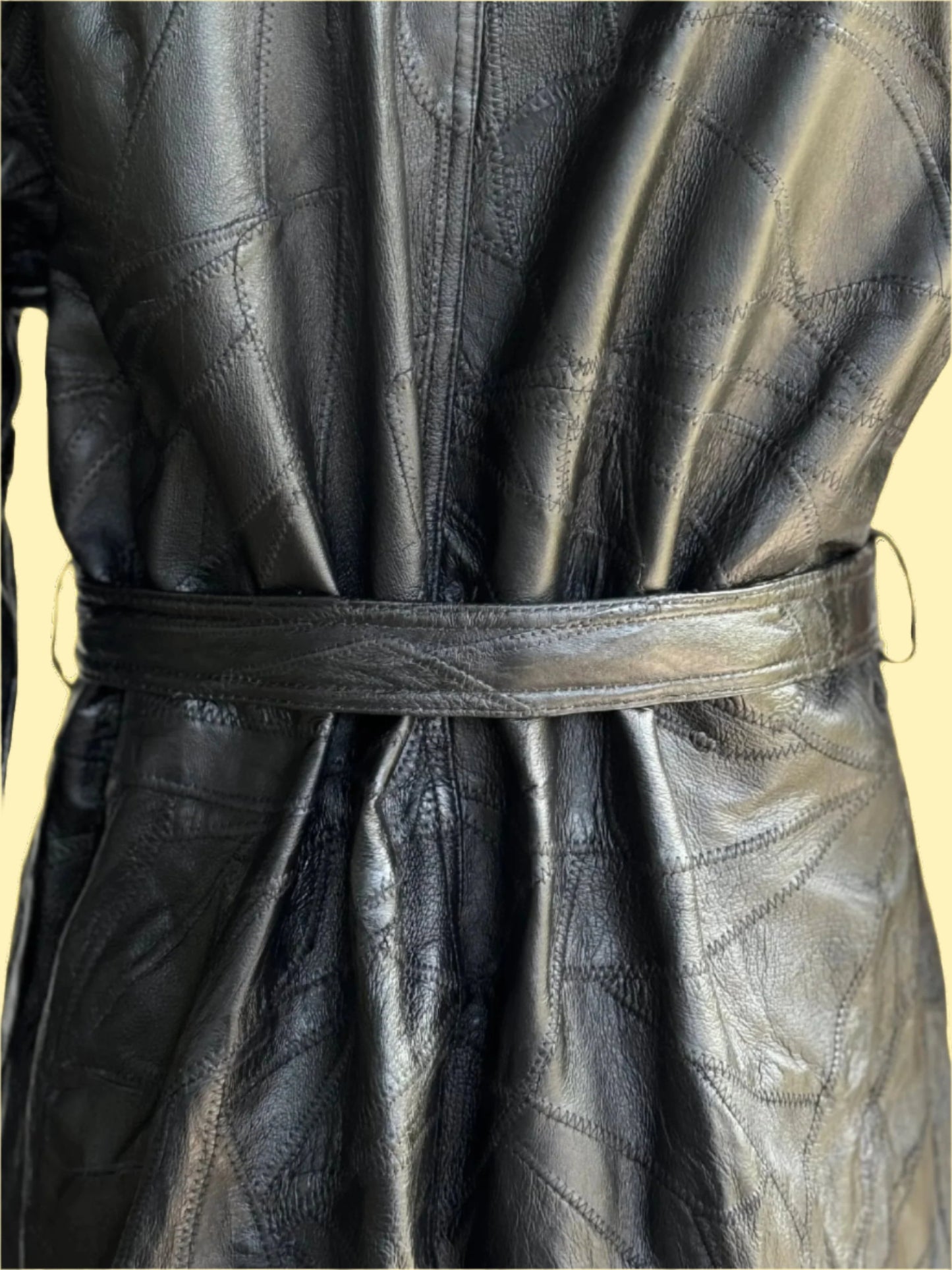 1990s vintage black double breasted patched leather coat