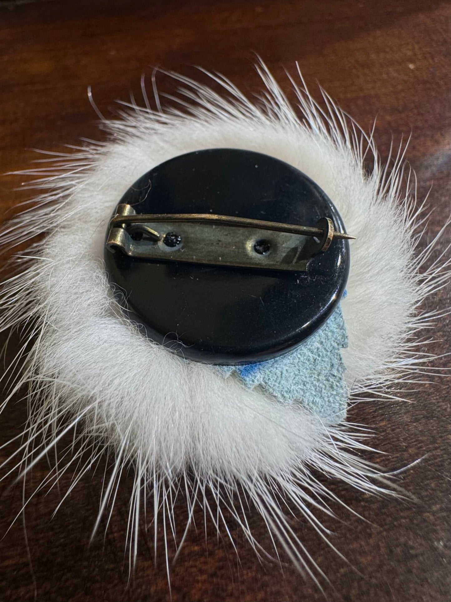 1960s vintage blue leather rose & white fur brooch
