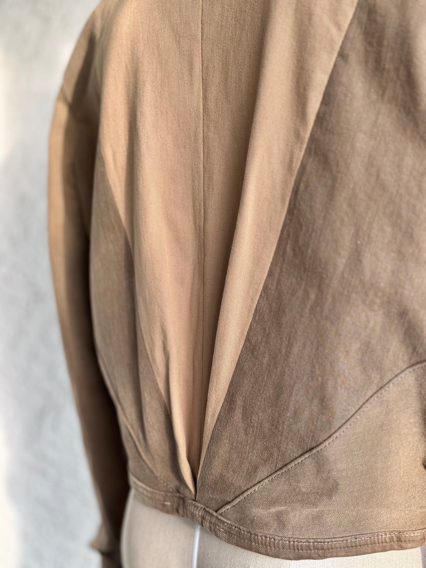 Beige & brown denim patchwork jacket by KIOKU Studio back detail