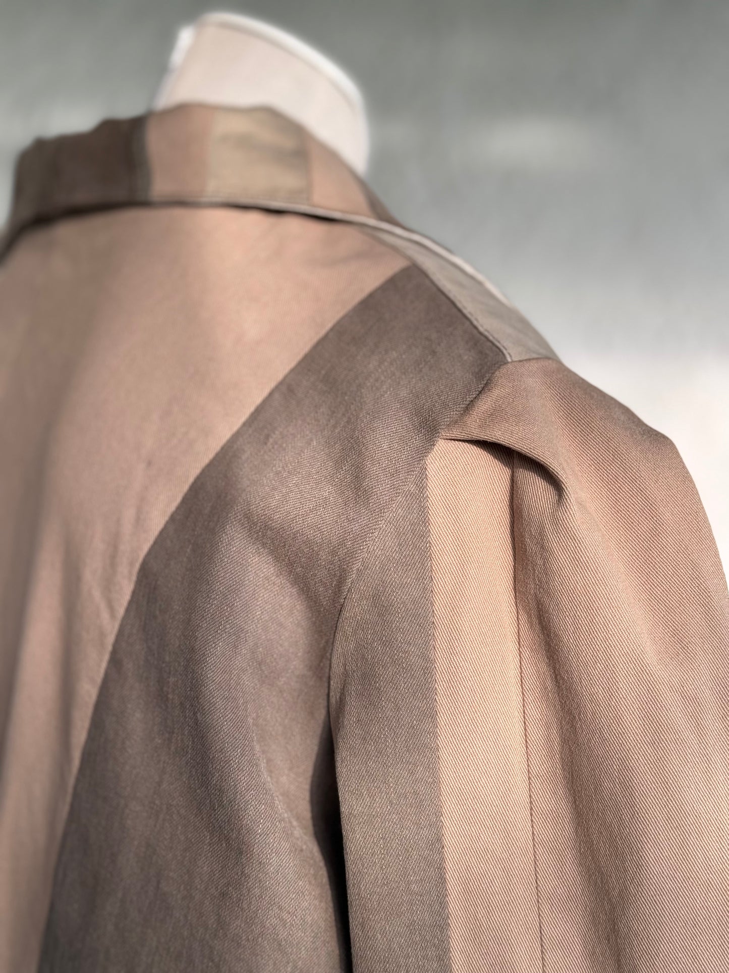 Beige & brown denim patchwork jacket by KIOKU Studio shoulder detail
