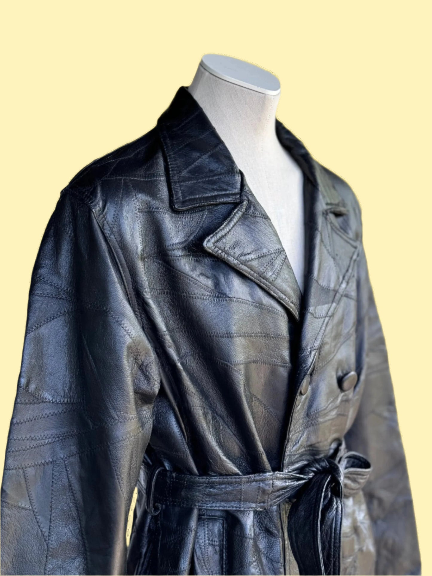 1990s vintage black double breasted patched leather coat