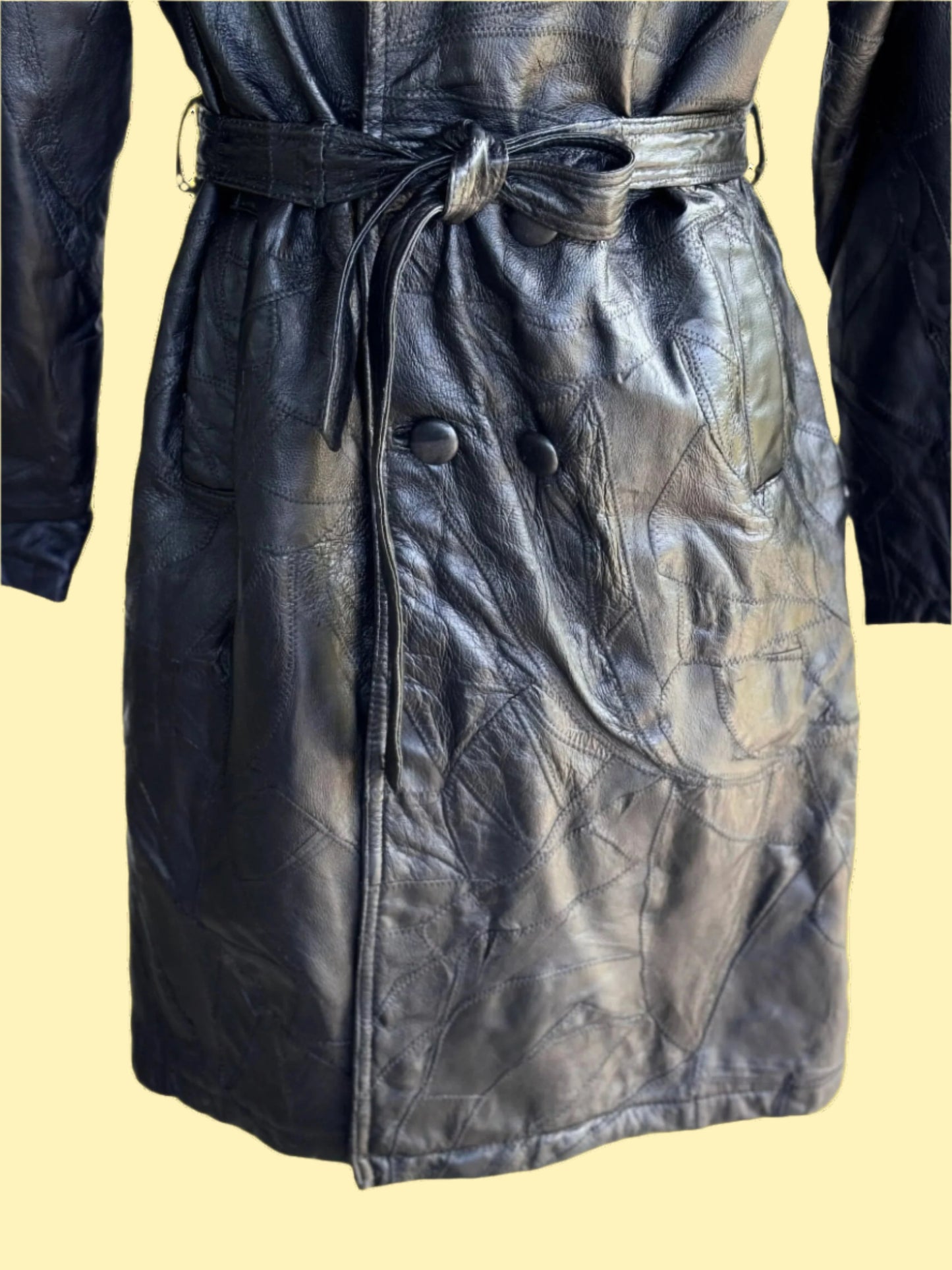 1990s vintage black double breasted patched leather coat