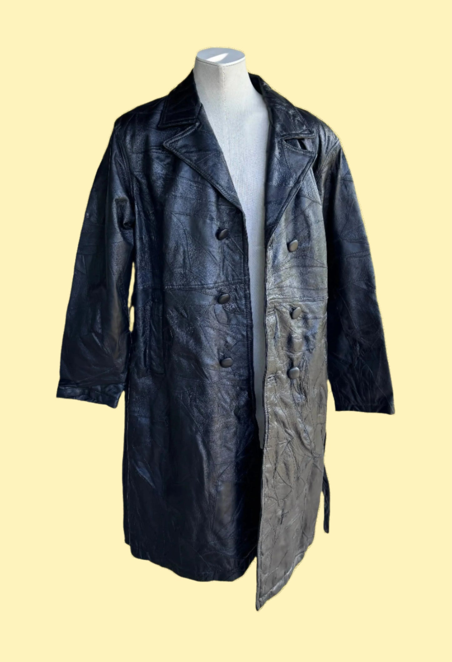1990s vintage black double breasted patched leather coat