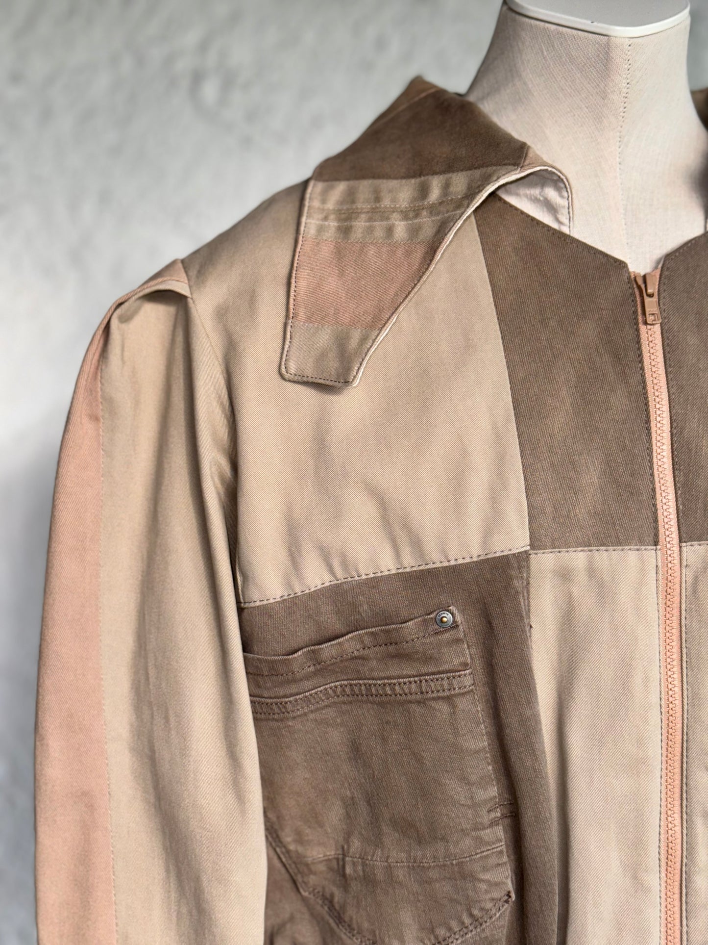 Beige & brown denim patchwork jacket by KIOKU Studio close up