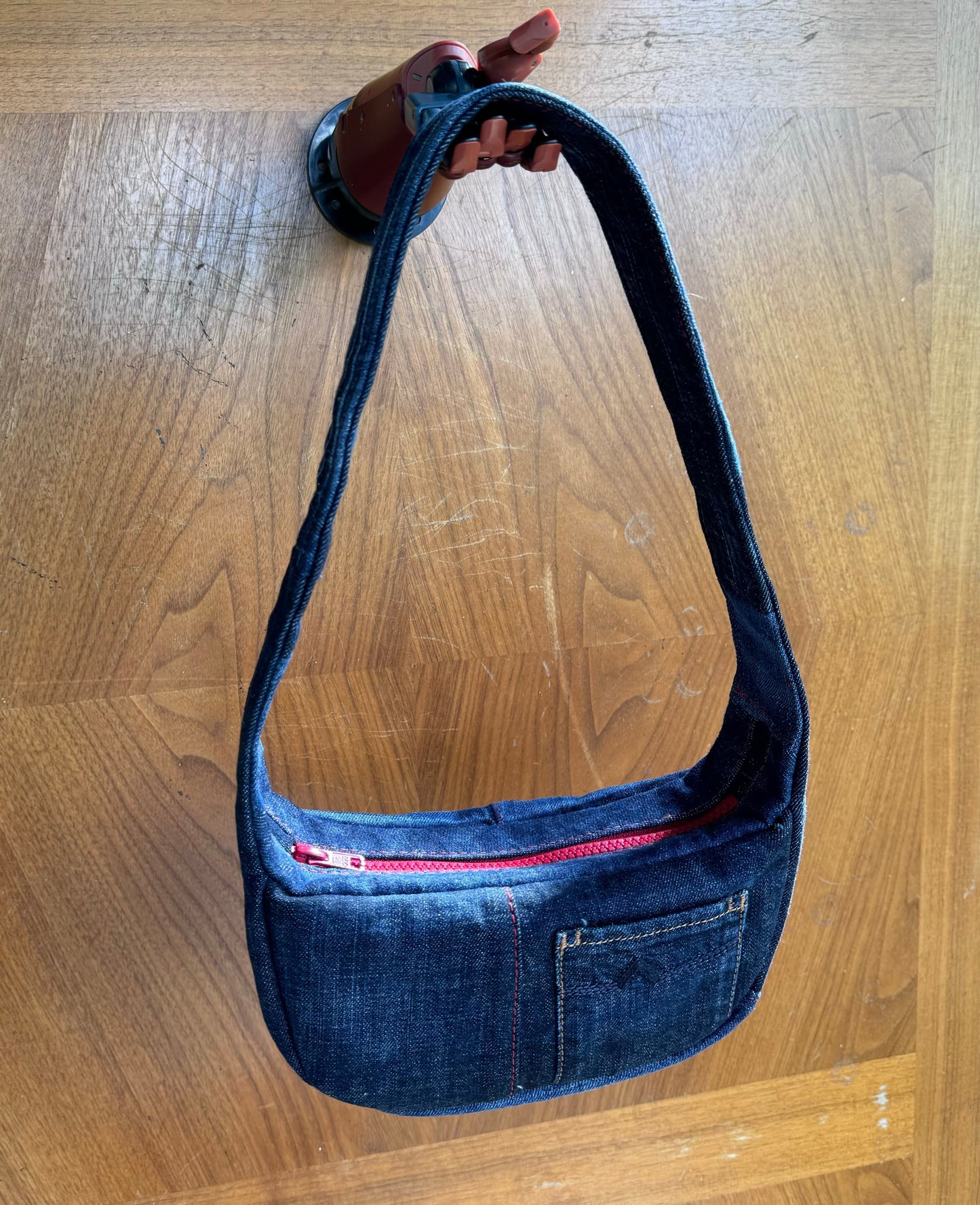 upcycled denim handbag, dark blue Diesel denim, red zipper