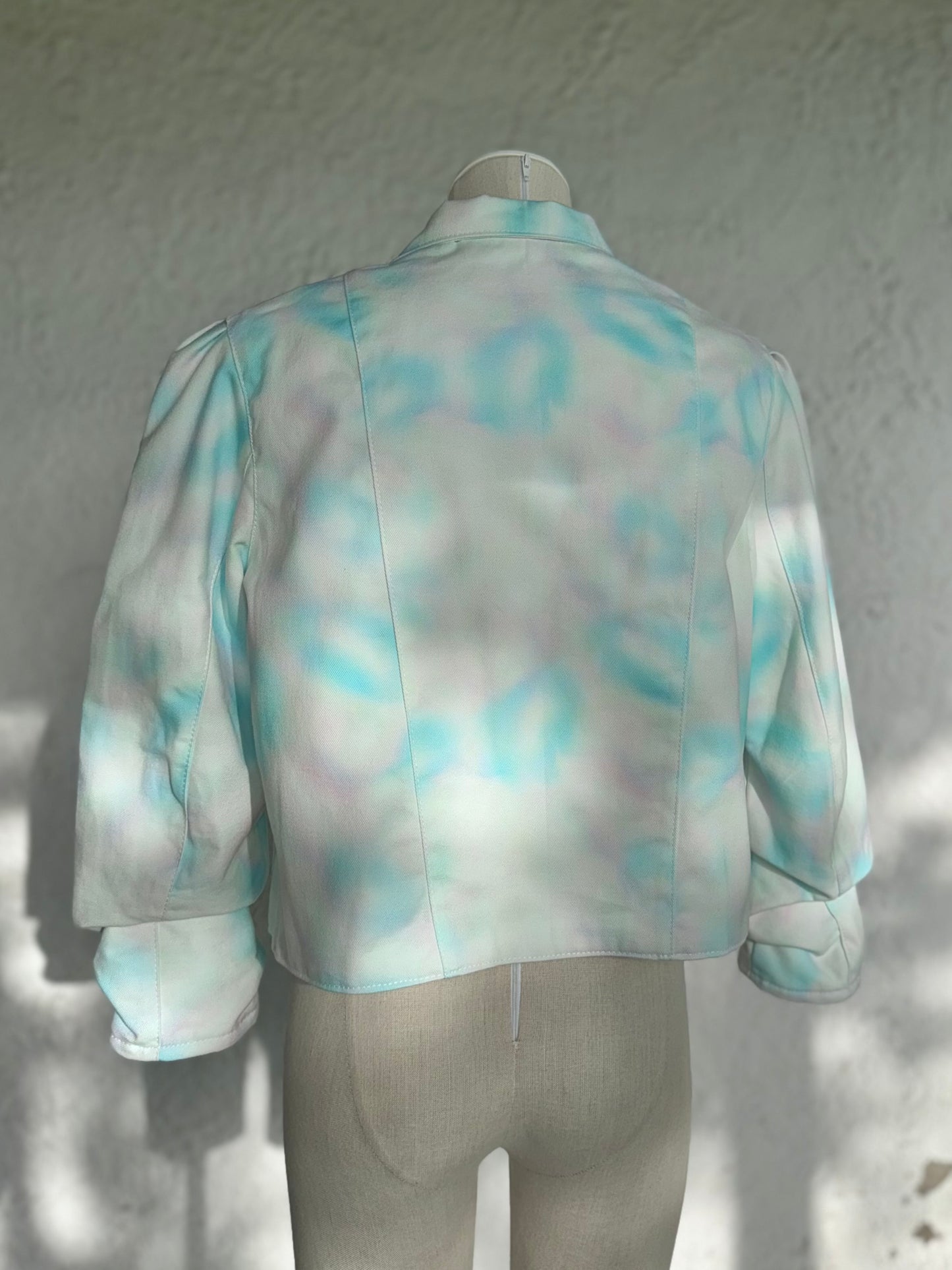 aqua blue spotted white denim jacket by KIOKU Studio back view