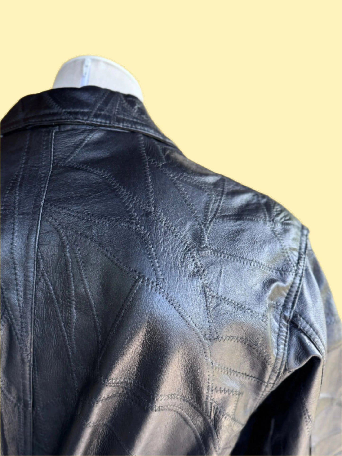 1990s vintage black double breasted patched leather coat