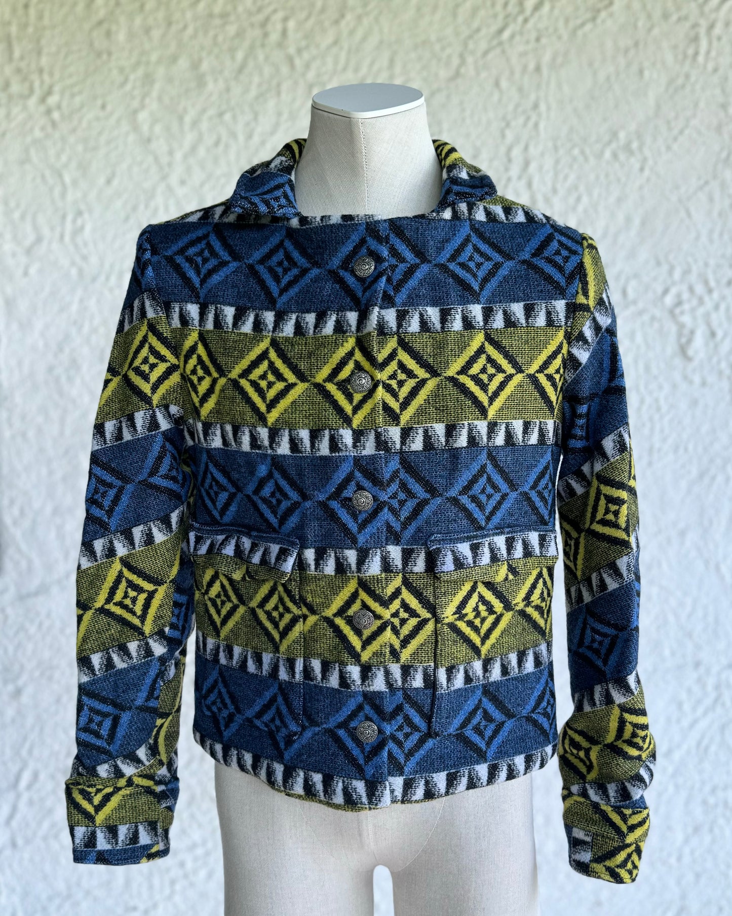blue and yellow one of a kind short jacket, boxy fit with two square pockets, silver tone metal buttons
