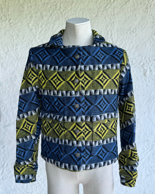 blue and yellow one of a kind short jacket, boxy fit with two square pockets, silver tone metal buttons