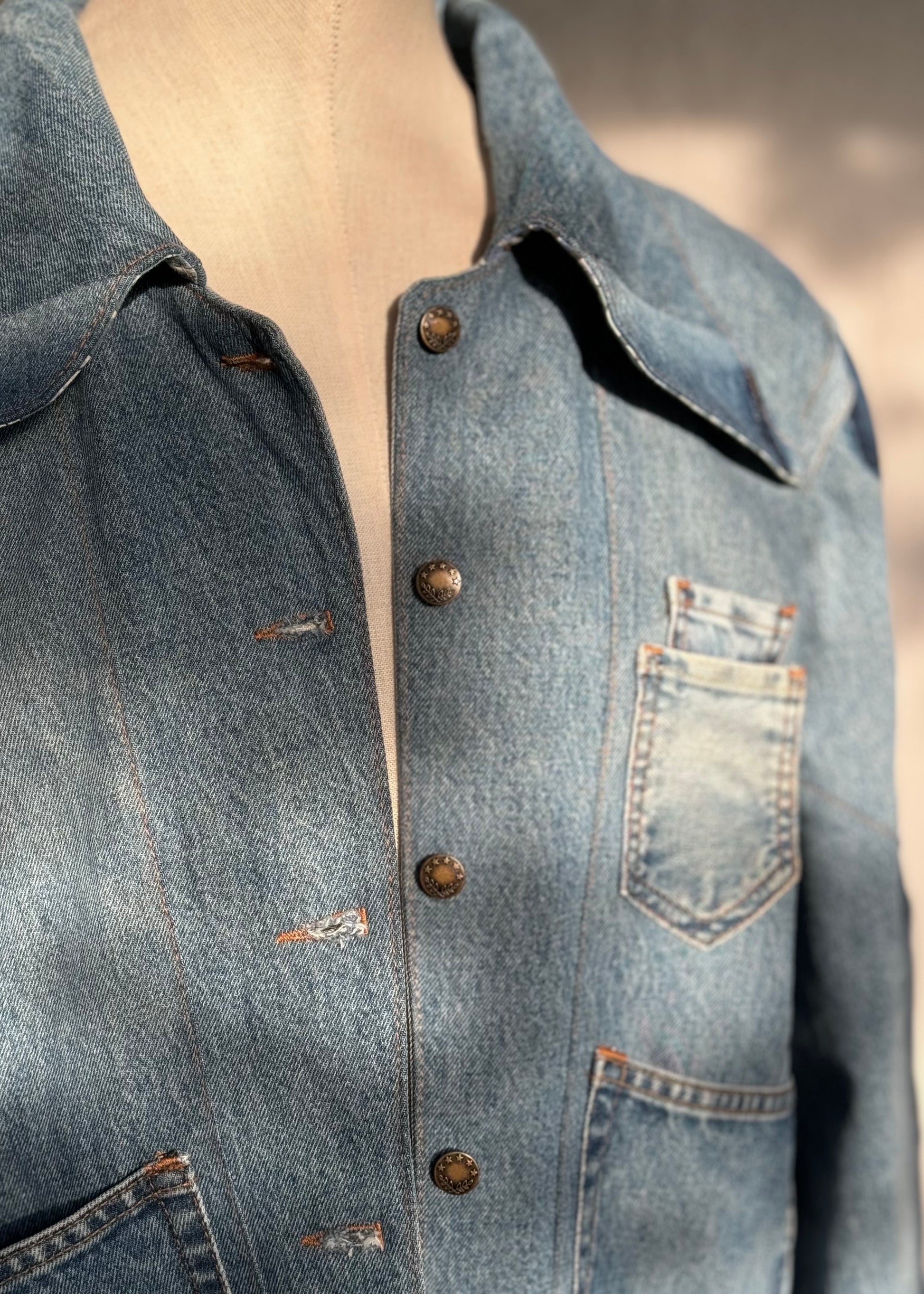 One of a kind blue denim jacket by KIOKU Studio