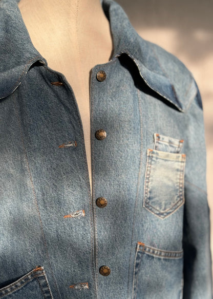 One of a kind blue denim jacket by KIOKU Studio