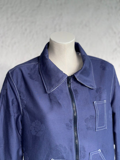 blue roses cotton jacket by KIOKU Studio collar close up