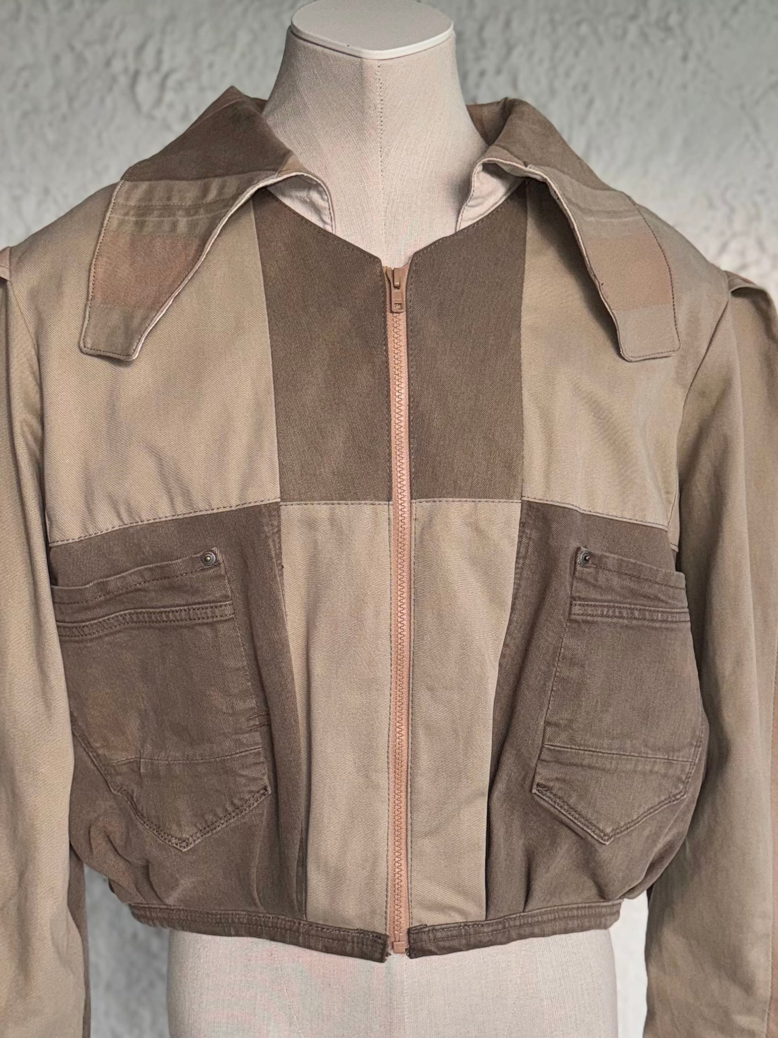 Beige & brown denim patchwork jacket by KIOKU Studio close up
