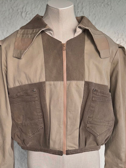 Beige & brown denim patchwork jacket by KIOKU Studio close up