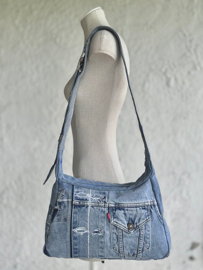  upcycled light blue denim laptop bag with a levi's buckle by KIOKU Studio