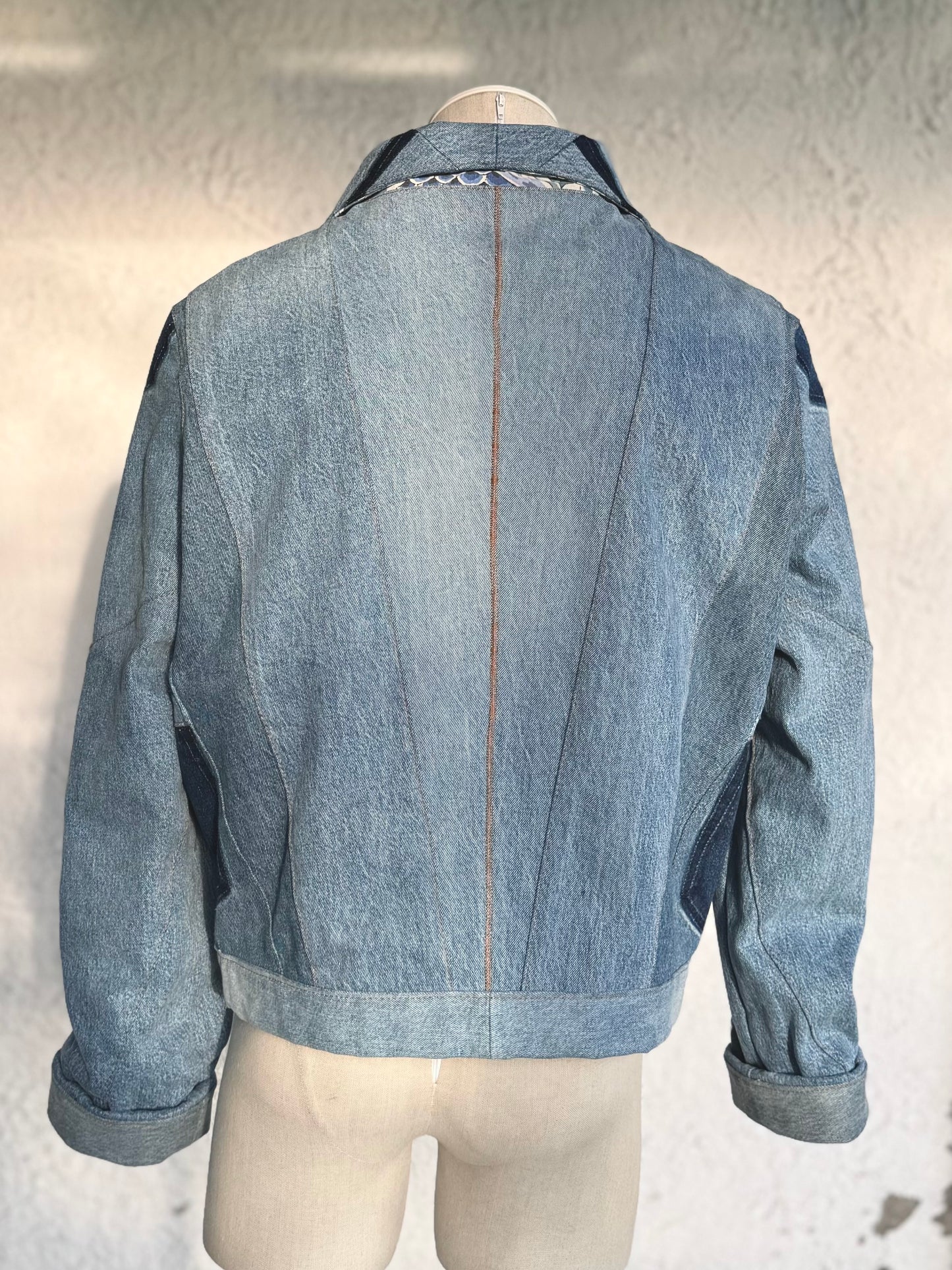 One of a kind blue denim jacket by KIOKU Studio back view