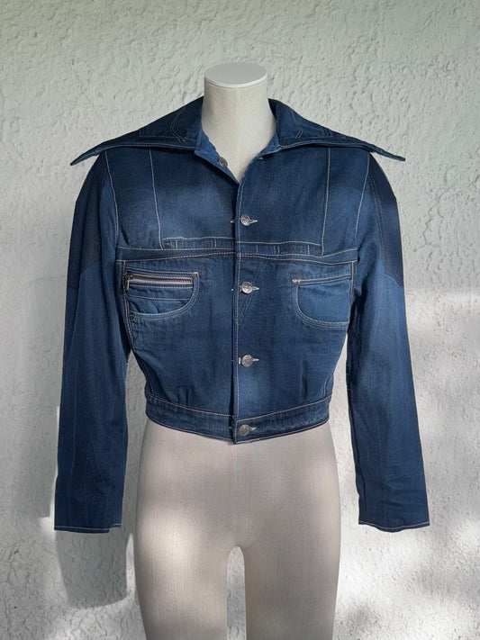 dark blue reversible cropped denim jacket by KIOKU Studio
