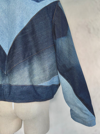 Ombre denim patchwork jacket by KIOKU Studio sleeve detail