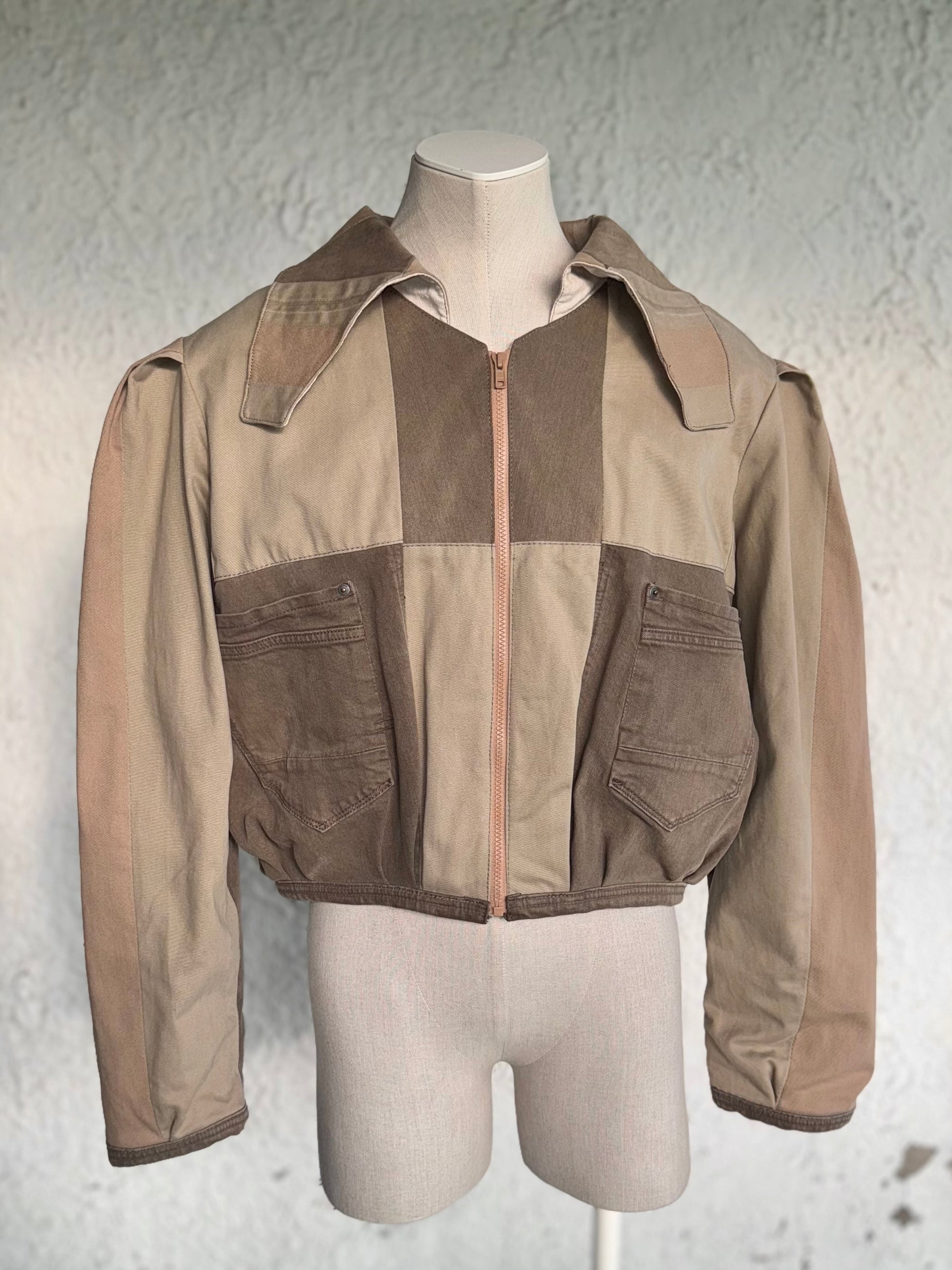 Beige & brown denim patchwork jacket by KIOKU Studio
