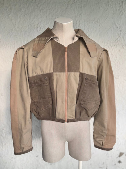 Beige & brown denim patchwork jacket by KIOKU Studio