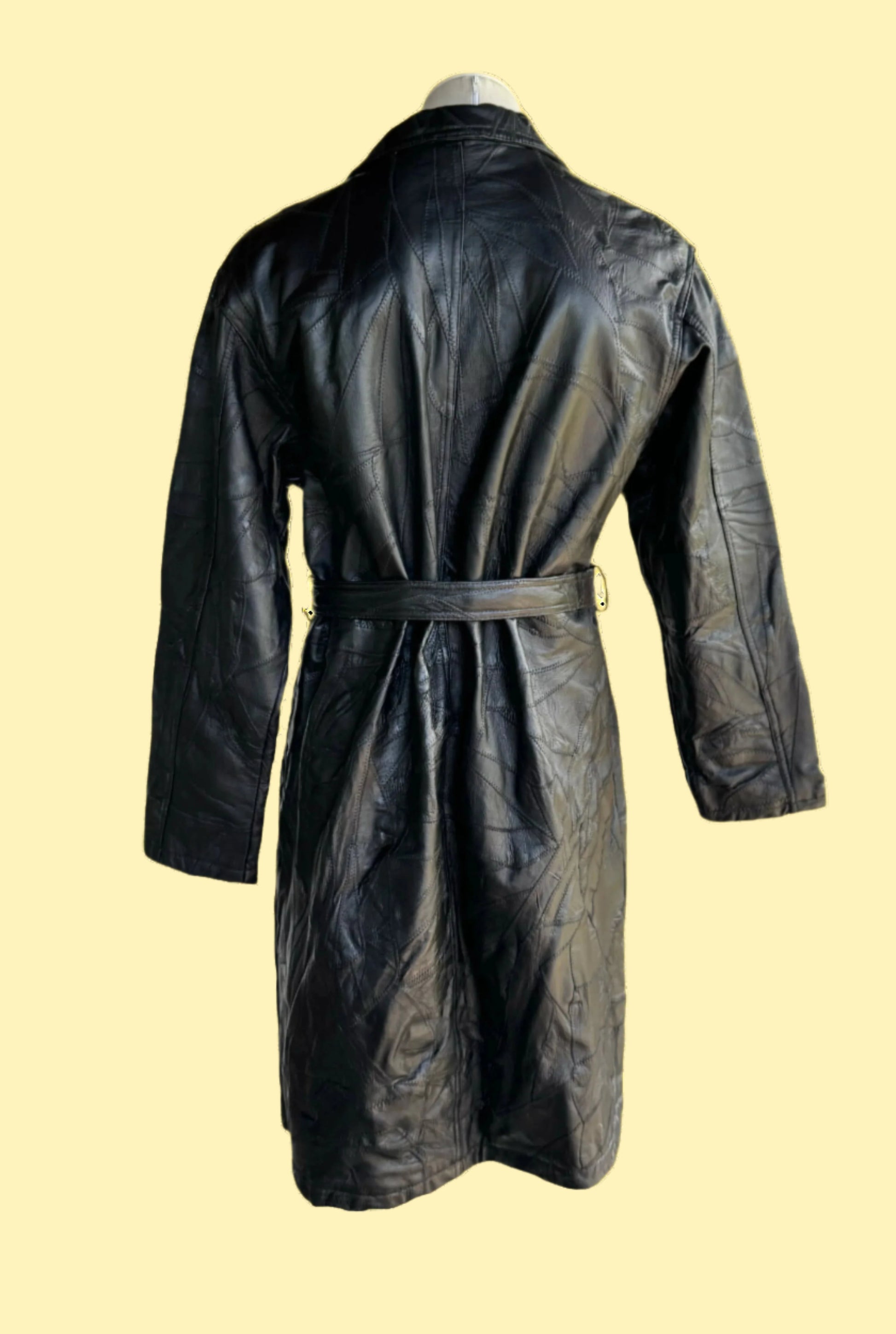 1990s vintage black double breasted patched leather coat