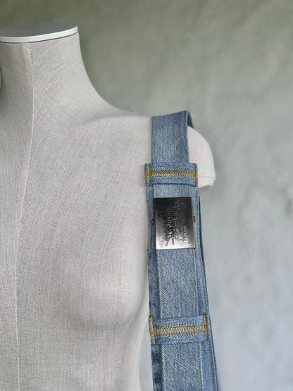  upcycled light blue denim laptop bag with a levi's buckle by KIOKU Studio