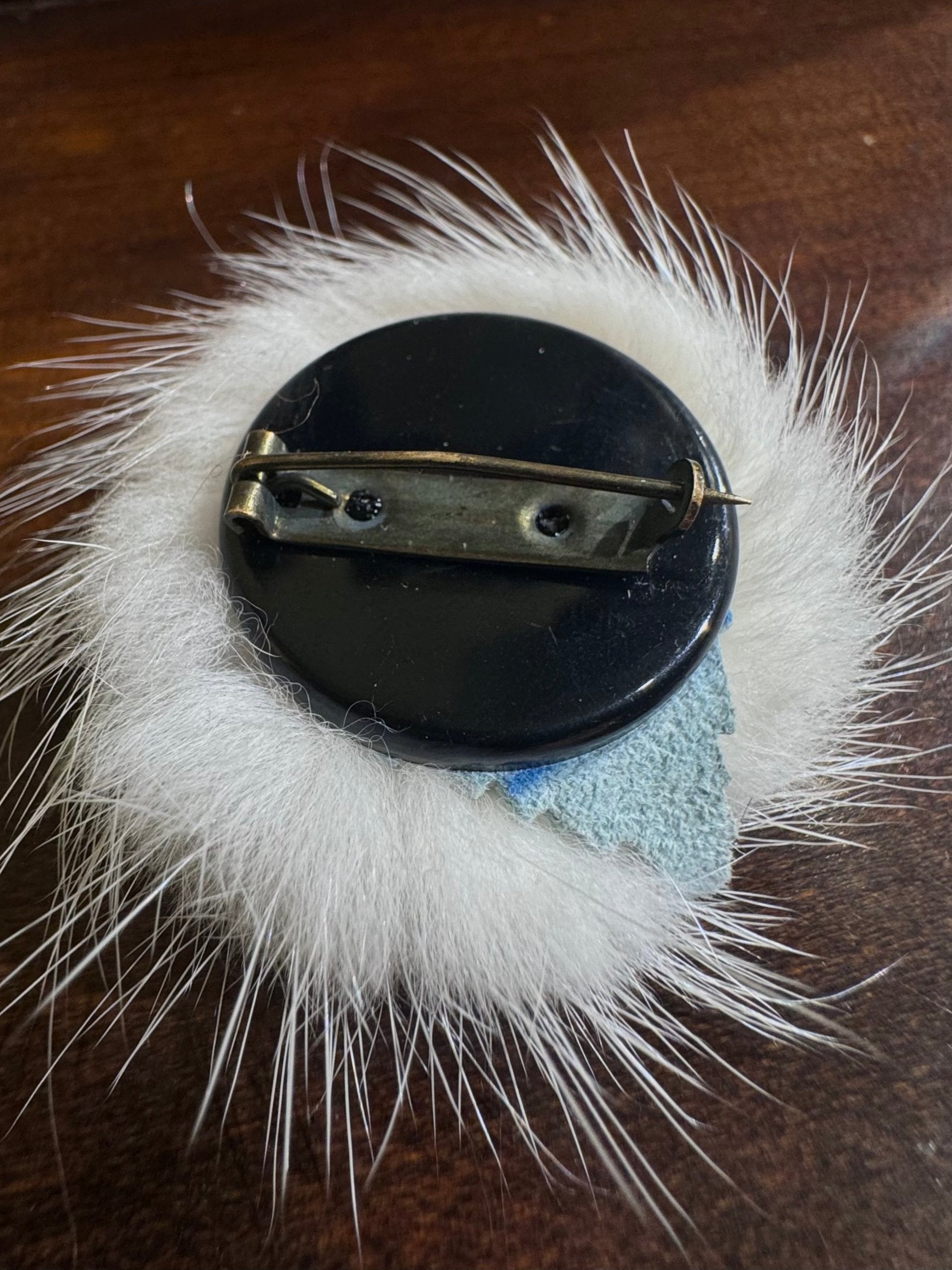 1960s vintage blue leather rose & white fur brooch