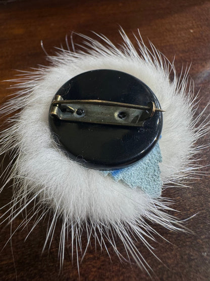 1960s vintage blue leather rose & white fur brooch