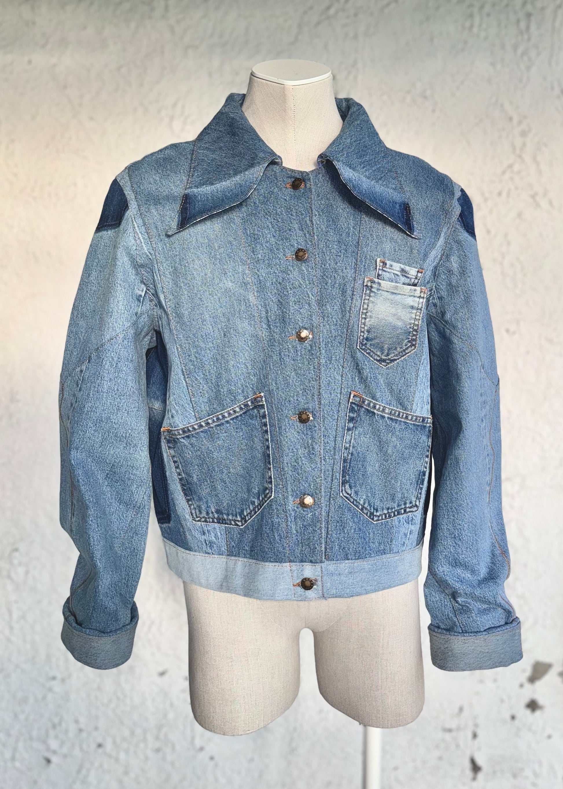 One of a kind blue denim jacket by KIOKU Studio