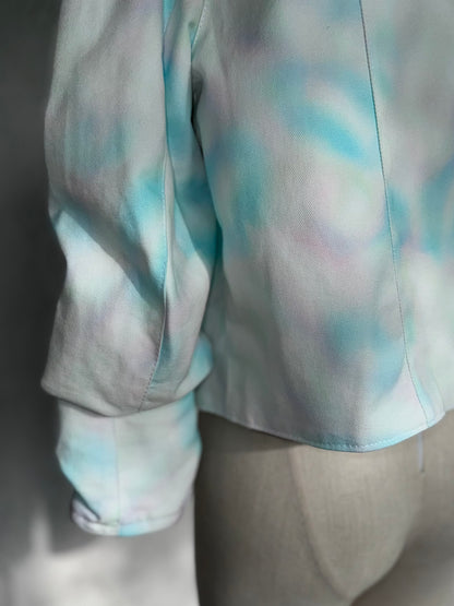 aqua blue spotted white denim jacket by KIOKU Studio fabric close up