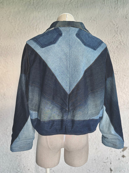 Ombre denim patchwork jacket by KIOKU Studio back 