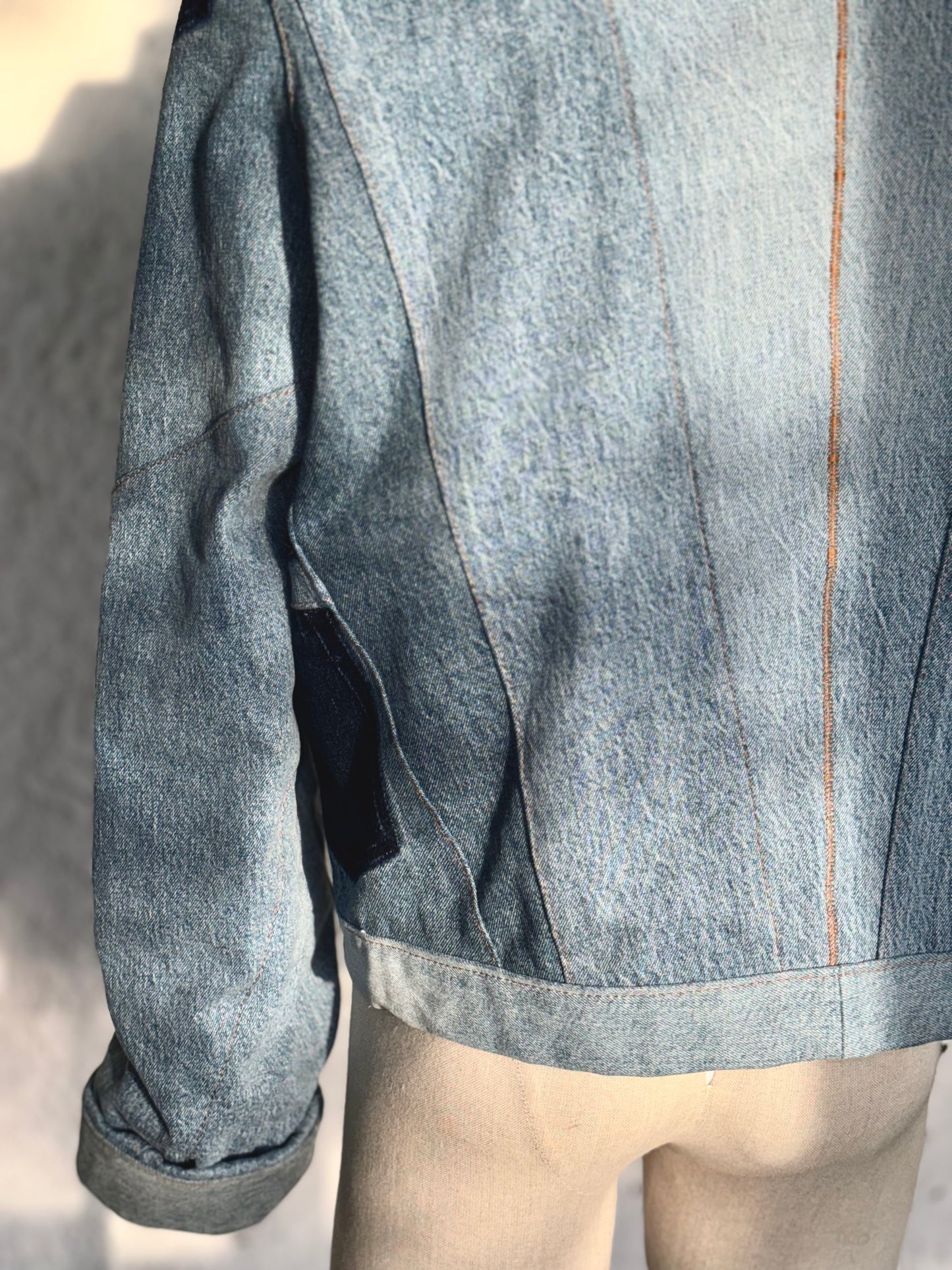 One of a kind blue denim jacket by KIOKU Studio back details