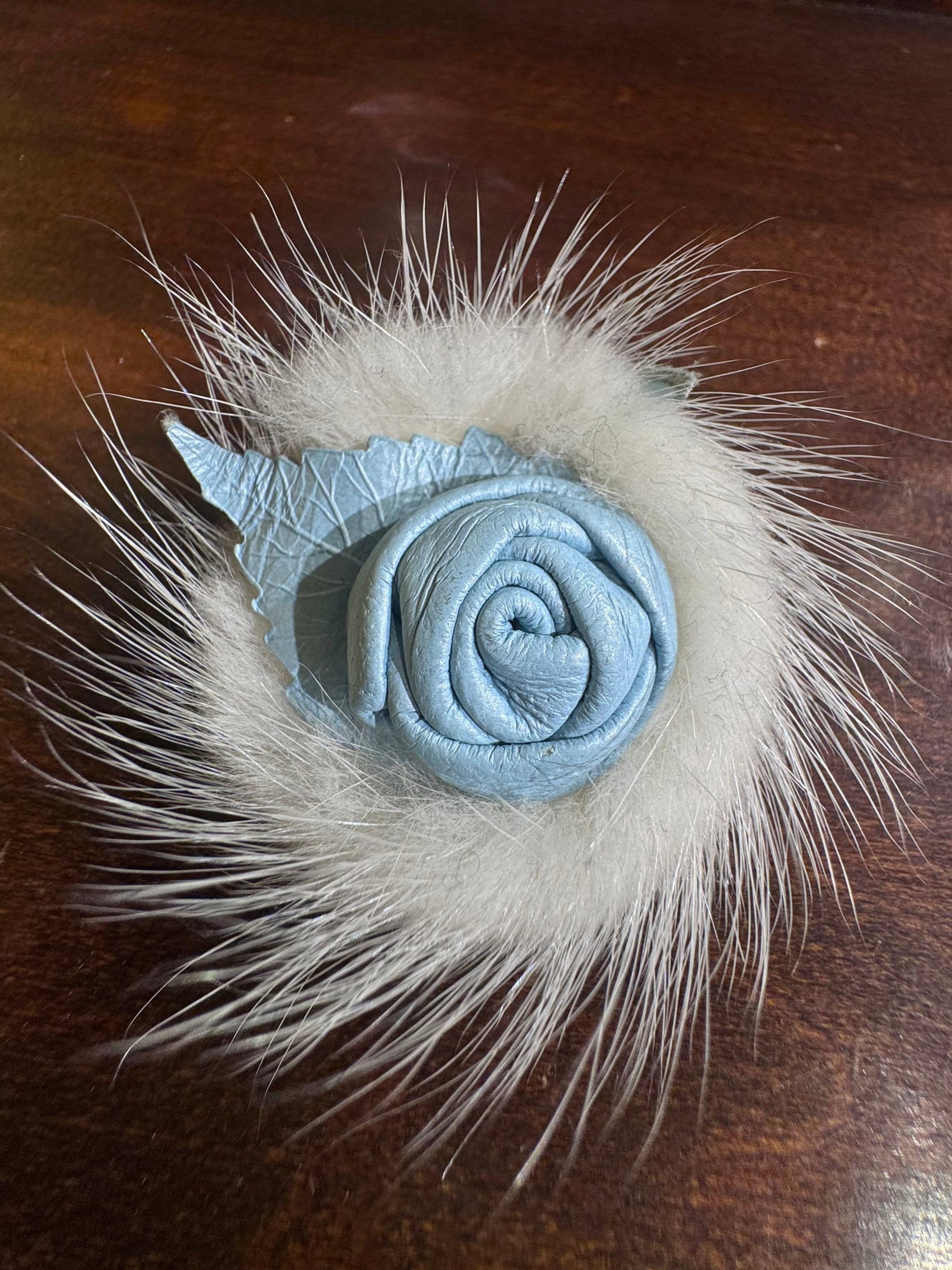 1960s vintage blue leather rose & white fur brooch
