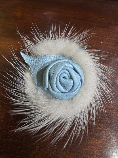 1960s vintage blue leather rose & white fur brooch