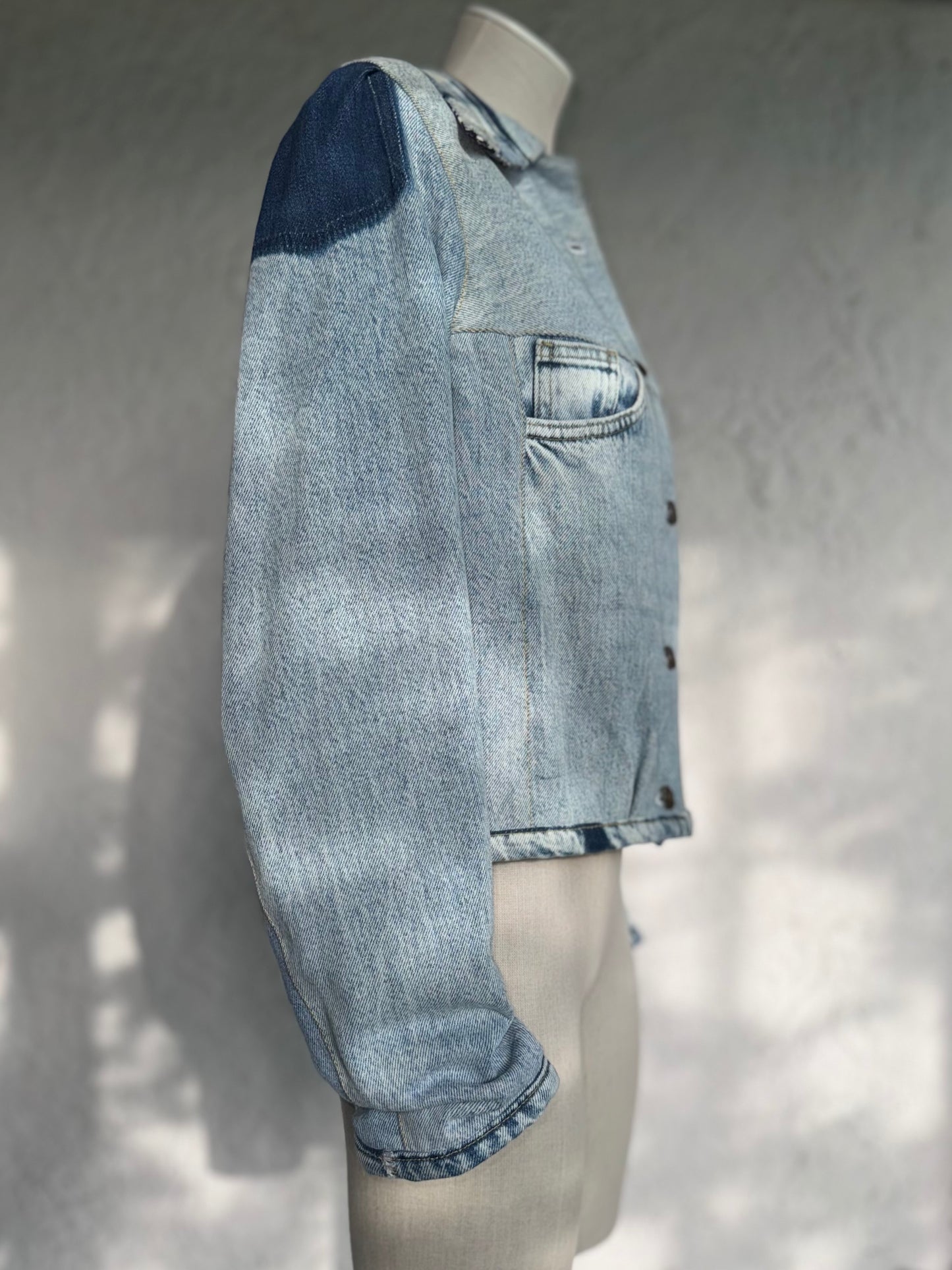 cropped patched denim jacket by KIOKU Studio side view