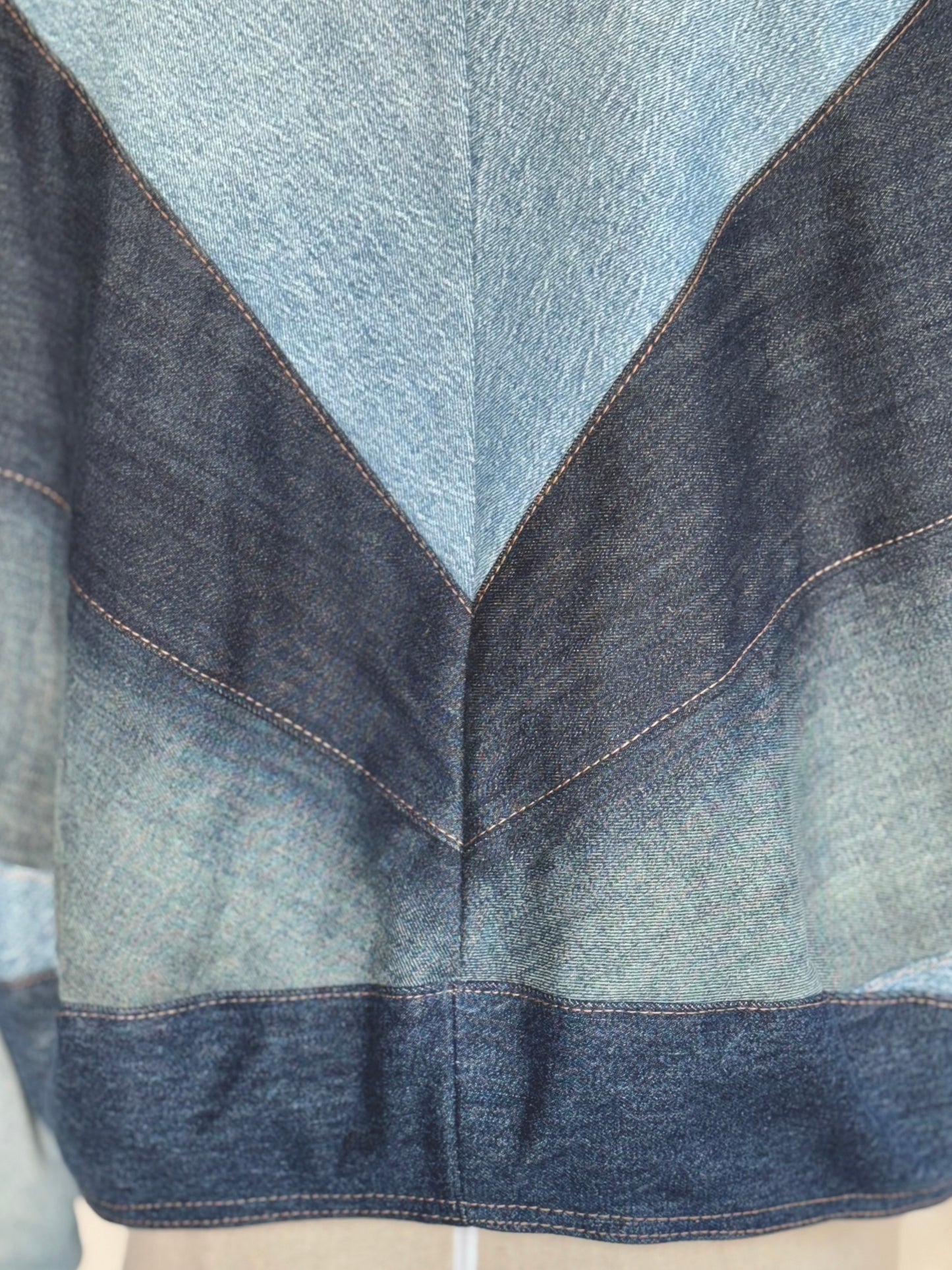 Ombre denim patchwork jacket by KIOKU Studio close up