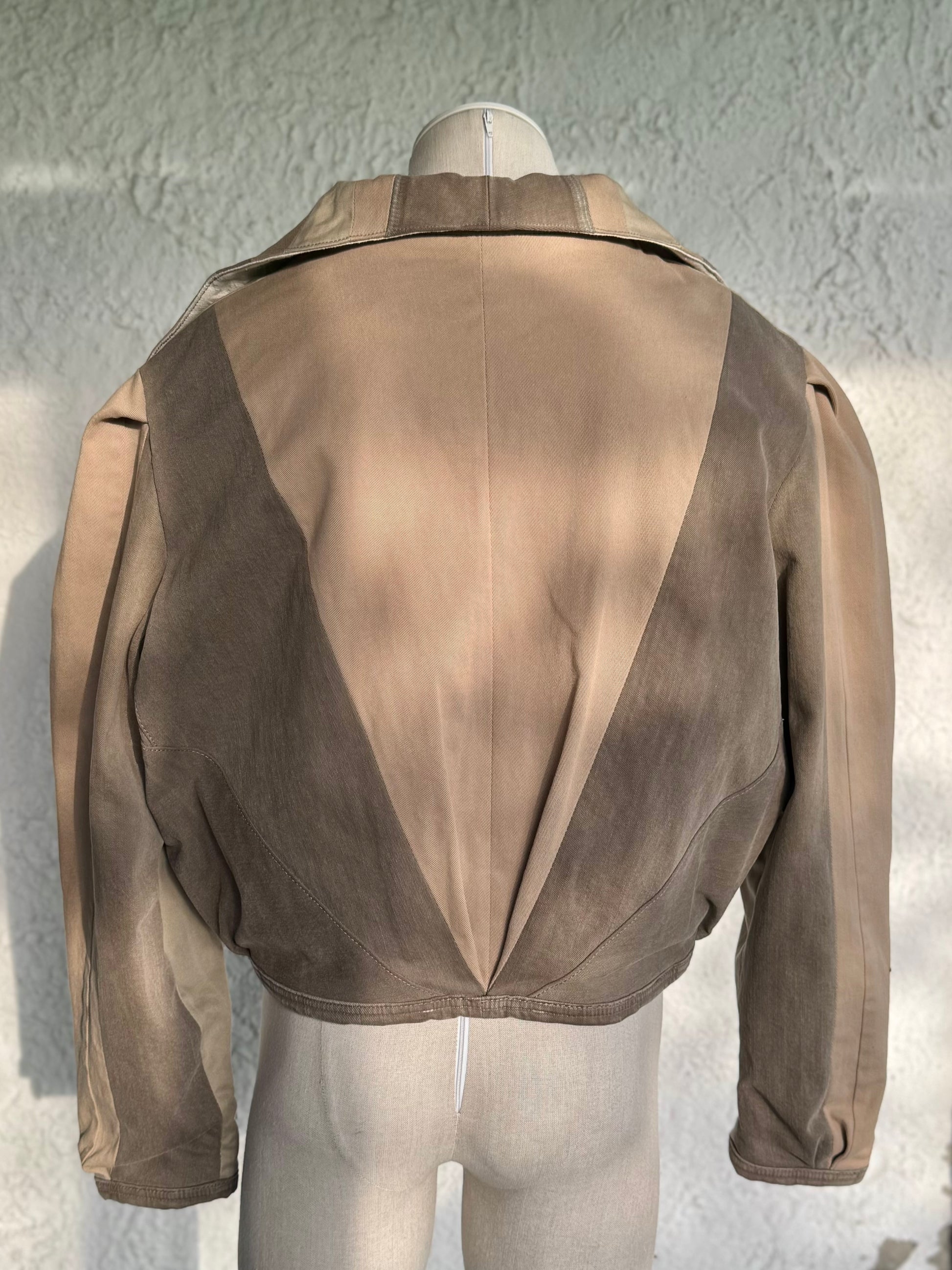 Beige & brown denim patchwork jacket by KIOKU Studio back view