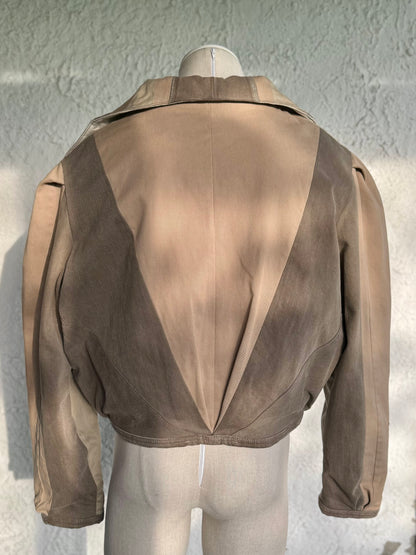 Beige & brown denim patchwork jacket by KIOKU Studio back view