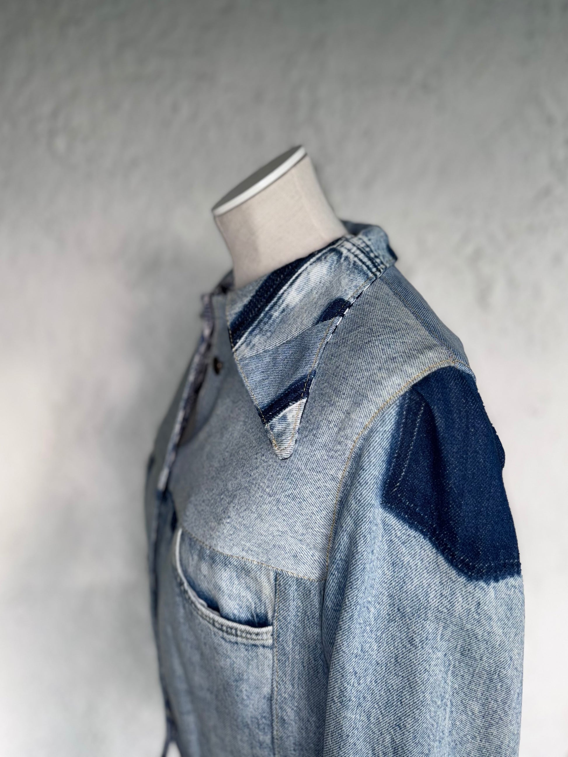 cropped patched denim jacket by KIOKU Studio shoulder close up