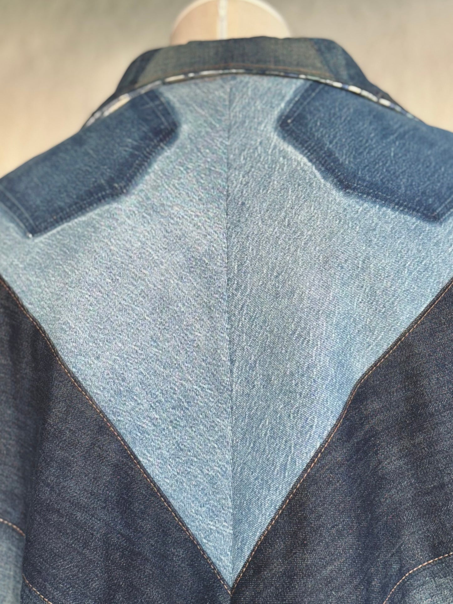 Ombre denim patchwork jacket by KIOKU Studio close up