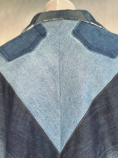 Ombre denim patchwork jacket by KIOKU Studio close up