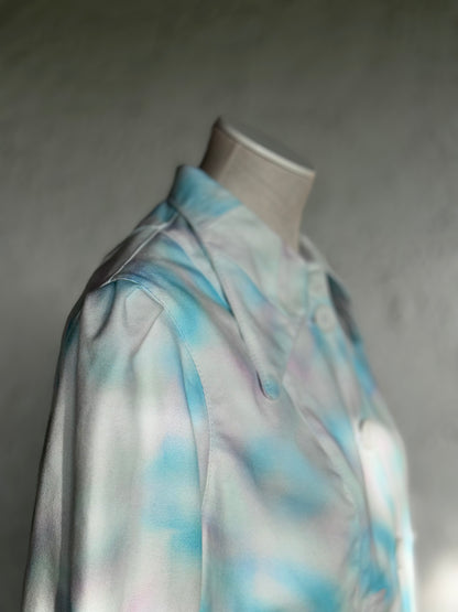 aqua blue spotted white denim jacket by KIOKU Studio close up