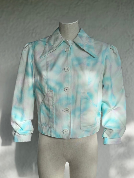 aqua blue spotted white denim jacket by KIOKU Studio