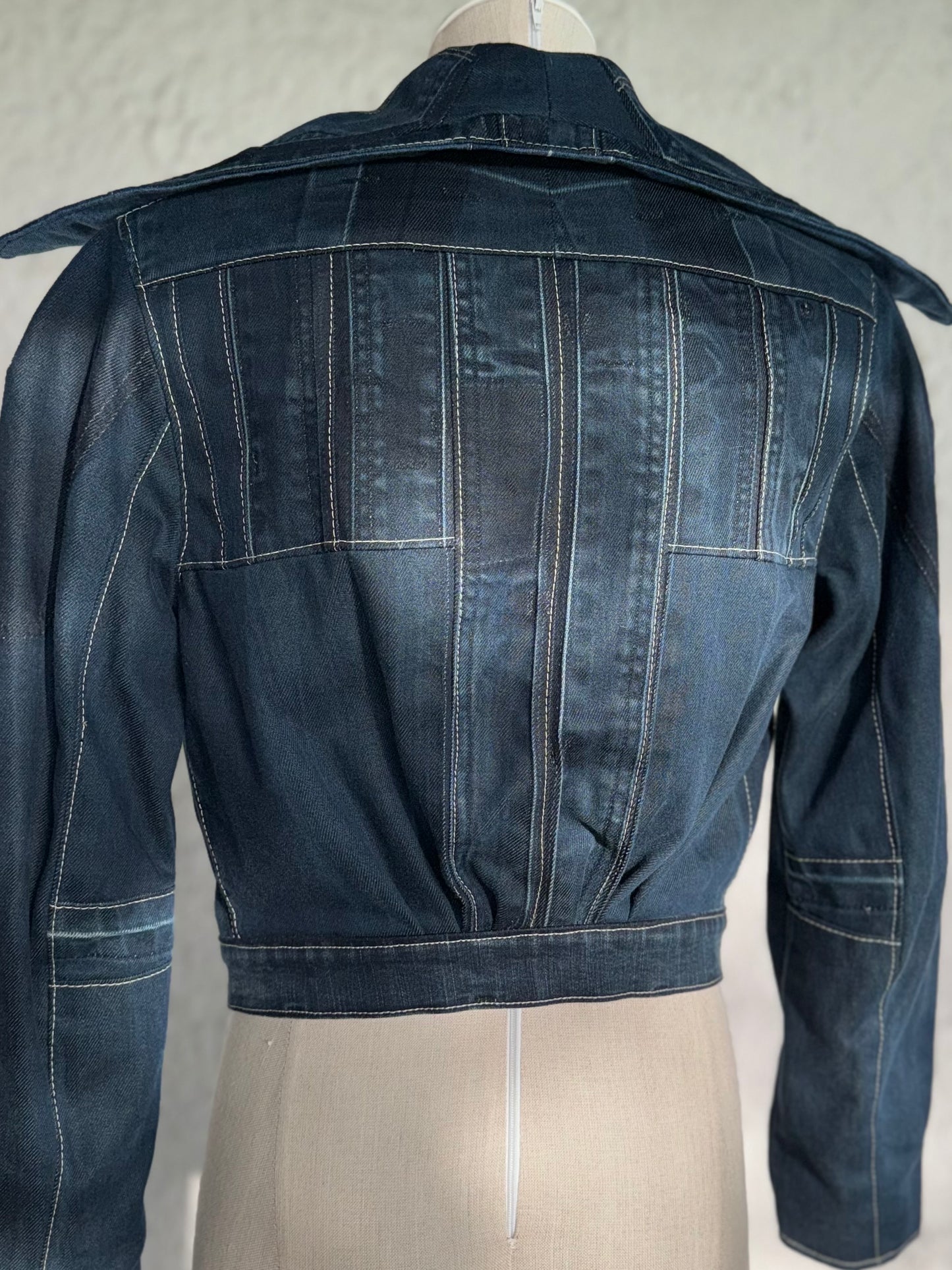 dark blue reversible cropped denim jacket by KIOKU Studio back close up