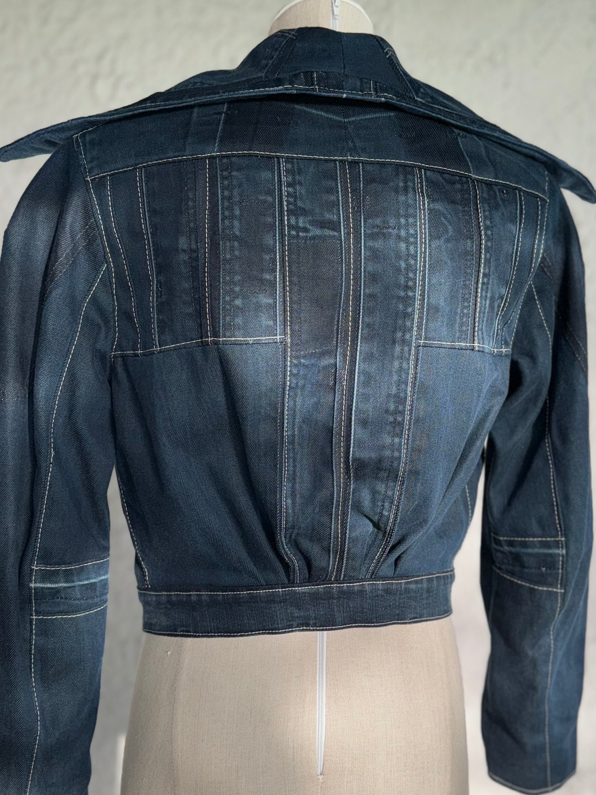 dark blue reversible cropped denim jacket by KIOKU Studio back close up