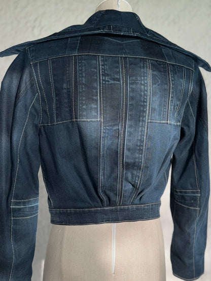 dark blue reversible cropped denim jacket by KIOKU Studio back close up