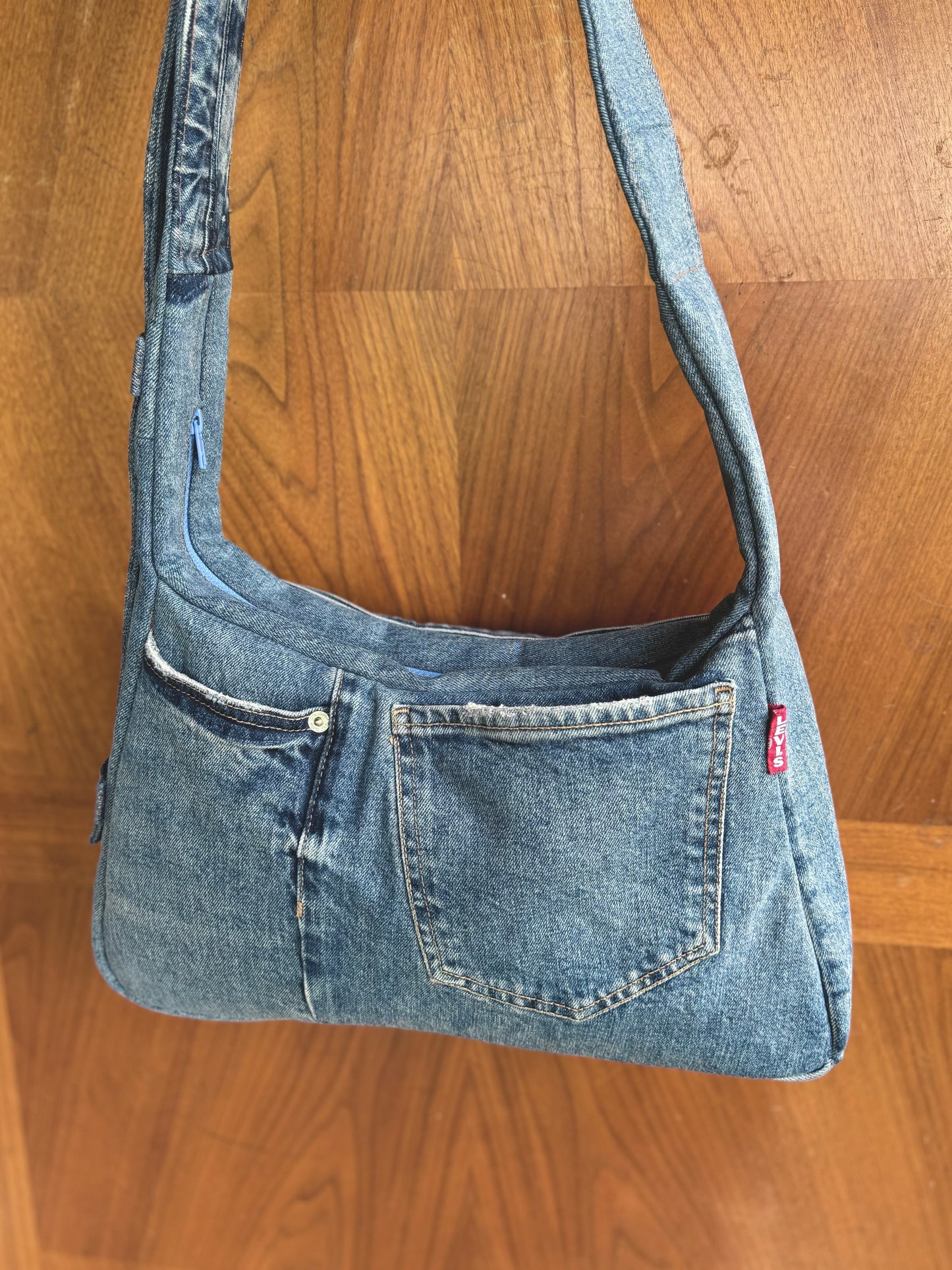 upcycled levi's light blue denim laptop bag by KIOKU Studio